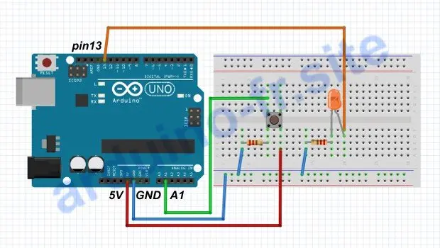 Schema di cablaggio per pulsante e LED ad Arduino