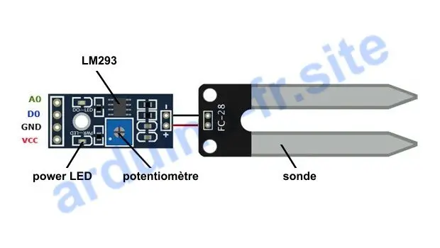 Sensore di umidità del terreno FC-28 pinout, datasheet