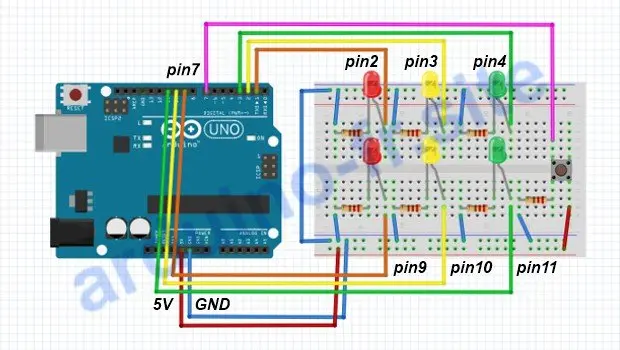 Schema per semplice semaforo con pulsante Arduino