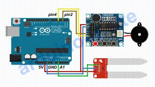 Collegamento del modulo di registrazione audio ISD1820 Arduino Uno