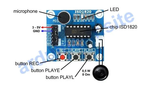 Modulo di registrazione vocale / audio isd1820 pinout, datasheet