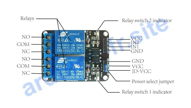 Modulo relè SRD-05VDC-SL-C 220V/230V pinout, datasheet