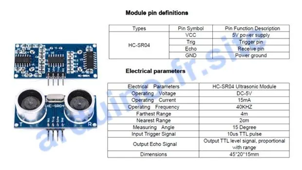 Modulo ultrasuoni HC-SR04 Arduino pinout, datasheet